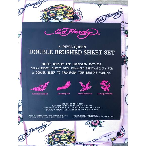 Ed Hardy Queen Sheet Set Pink Skulls Tigers Hearts Tattoo 6pc - Picture 3 of 3